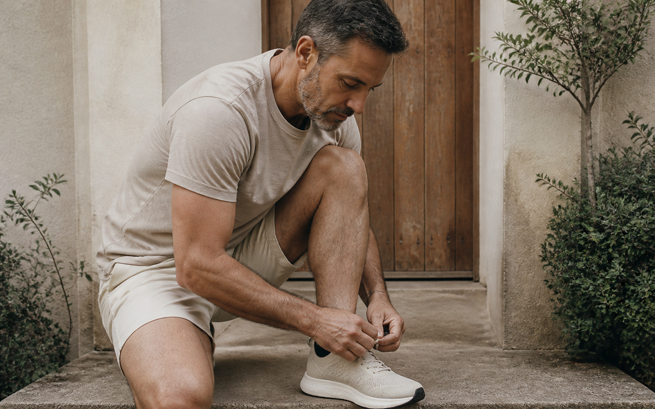 A man in his fifties retying a running shoe on a front doorstep