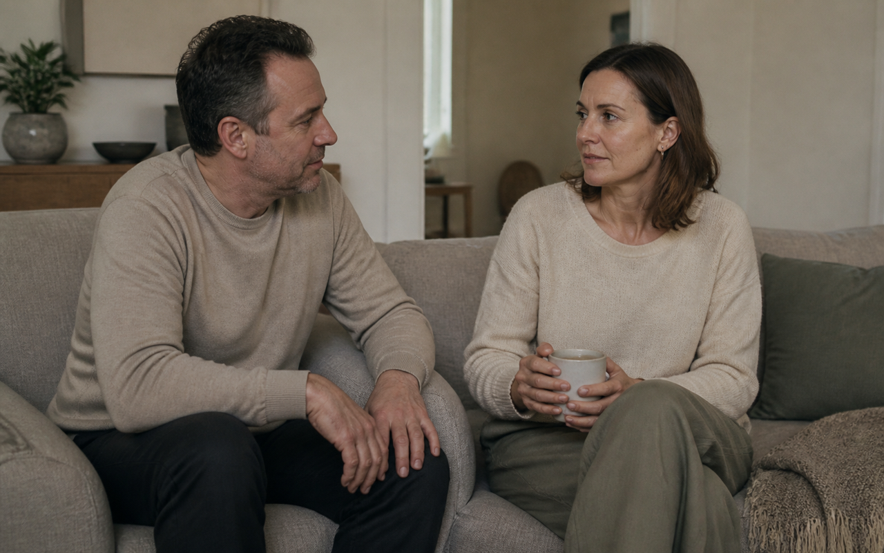 A man and a woman in their forties sitting together on a sofa, mid-conversation