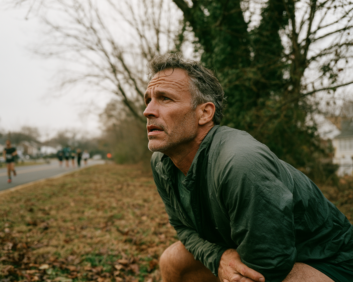 A man in his mid-fifties catching his breath after a run, other runners on the road behind him