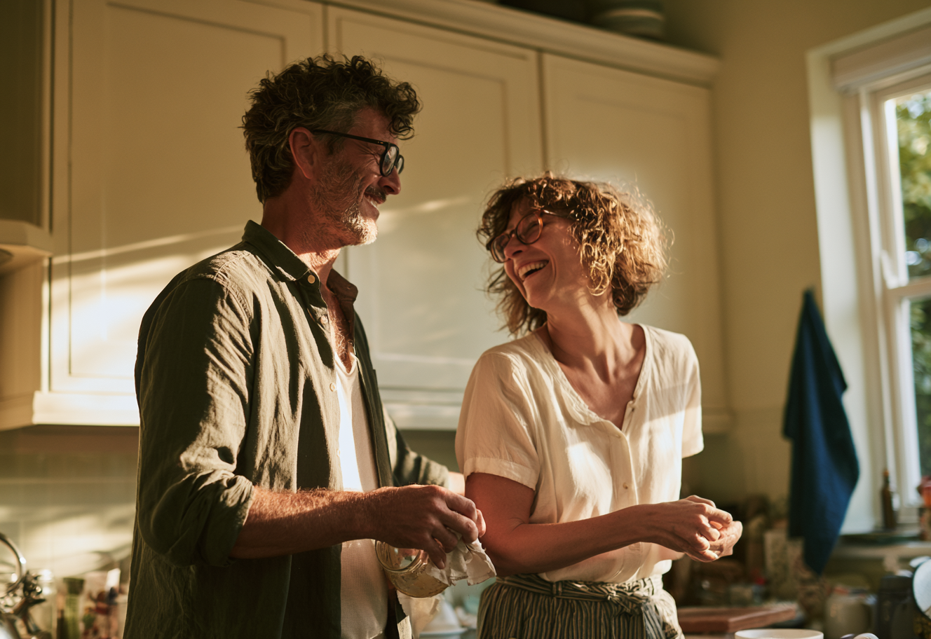 A couple in their forties laughing together in a sunlit kitchen