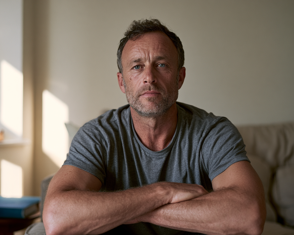 A man in his late forties sitting at home, looking directly at camera
